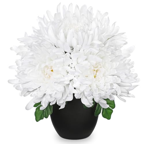 Briful Fake Mums Flower in Black Pot Realistic Silk Chrysanthemums Artificial Flowers Fall Mums for Home Decor Indoor Wedding Farmhouse Centerpiece Table, White - color: White