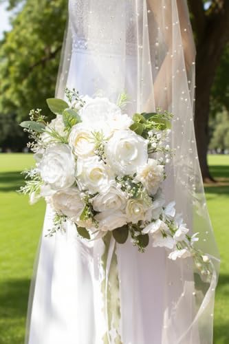12 Inch Cascade Wedding Bouquets for Bride, Ivory & Champagne Cascading Bridal Bouquet for Wedding Silk Artificial Flowers - color: Ivory & Champagne