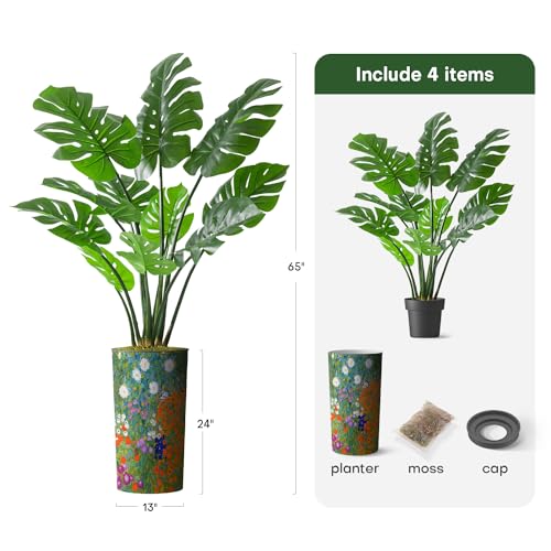 Artificial Tree in Colorful Flower Pattern Planter, Fake Monstera Silk Tree for Indoor and Outdoor Home Decoration - 65" Overall Tall (Plant Pot Plus Tree) - style: Monstera Plant
