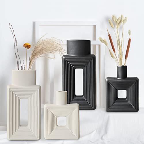 Black Ceramic Vase Set of 2，Square Vase Rustic Home Decor Minimalist Nordic Boho Style for Living Room, Shelf, Table, Bookshelf, Mantel and Entryway Decor Vases - color: Square Black