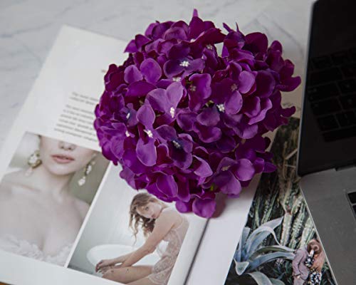 DuHouse Hydrangea Silk Flowers Artificial Flowers with Stem Fake Flower Heads for Wedding Centerpiece Home Decor Pack of 6 (Dark Purple) - color: Dark Purple