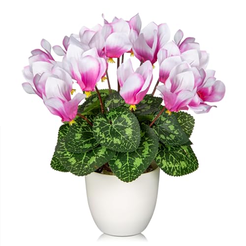 Hollyone Artificial Cyclamen Flowers Plant Potted Fake Silk Flower Plants in White Pot Faux Pink Cyclamen Flowers Arrangement Home Decor Office Bathroom Shelf Desk Decorations - color: Pink, size: Cyclamen Flowers