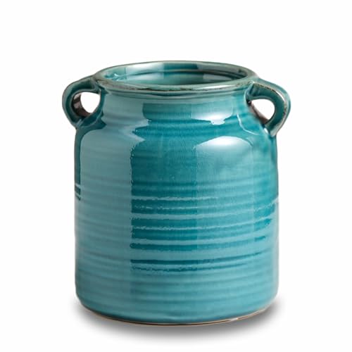Ceramic Rustic Distressed Green Flower Vase for Centerpieces, Kitchen, Office or Living Room (5.9''x6.3'') - color: Green, size: 5.9''x 6.3”