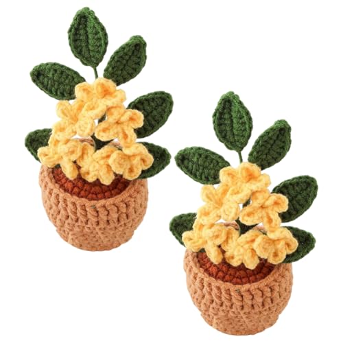 2 Pieces Mini Crochet Osmanthus Flower Potted Plants, Handmade Knitted Fake Osmanthus with Planter for Bathroom Home Kitchen Rustic Table Centerpiece Decor, Yellow - color: Yellow