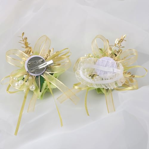 Alizeal 2Pcs of Wrist Corsage and Boutonniere Set, Artificial Flowers Accessories Suit Decor for Wedding Prom Party Homecoming Ceremony, Light Green - color: 701-light Green