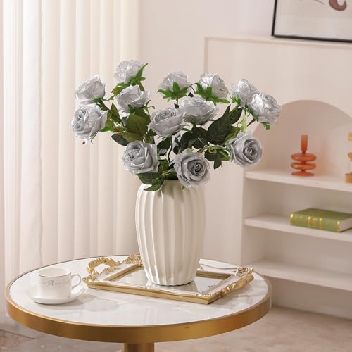 Hawesome 12PCS Artificial Silk Flowers Realistic Roses Bouquet Long Stem for Home Wedding Decoration Party (Silver, 12Pcs Flowers) - color: Silver, size: 12Pcs Flowers