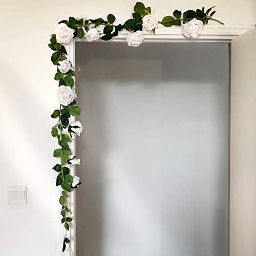 FiveSeasonStuff Floral White Artificial Silk Roses Flower Garland, Bendable Hanging Vine (2pcs, 11ft) - color: Floral White