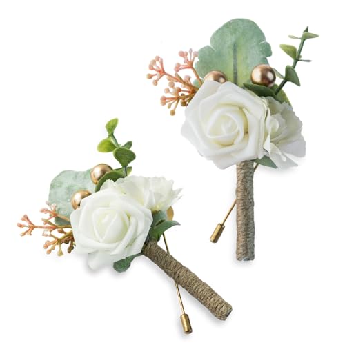 Boutonniere for Men Wedding, Groom Groomsman Artificial Rose Flowers for Wedding Anniversary Celebration,Prom,Party,Home Decoration Set of 2 (Ivory) - color: Ivory