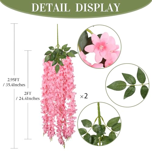 2PCS Pink Wisteria Hanging Flowers, 2.95ft Wisteria Garland with 5 Branches Realistic Silk Hanging Flowers for Decoration, Wedding Arch, Party Backdrop, and Home Wall Decor - color: Pink
