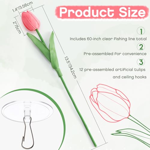 12 Pack 6 Colors 5 ft Artificial Tulips Hanging Flower Garland Decorations Spring Summer Dangling Faux Tulip Floral Vine Strings with Hooks for Wall Ceiling Wedding Tea Party - color: 6 Colors