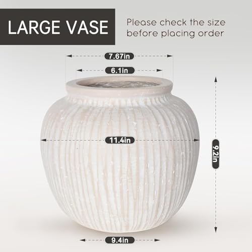 Oakrain Large Rustic Minimalist Vase, 11" Distressed Round Floor Vase for Home Decor, Farmhouse Decorative Centerpieces for Living Room Bedroom, Vintage White - color: Vintage White, size: 11" Dia
