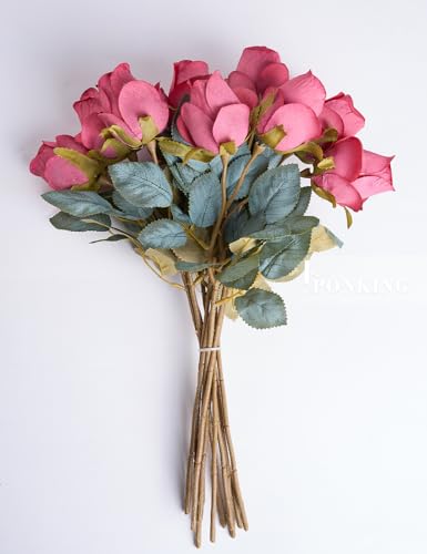 PONKING Rose Artificial Flower Buds 12pcs Realistic Faux Silk Roses Fake Flowers Bouquets Arrangements Decor for Wedding Spring Mother's Day, Home Table Decorations, Dark Magenta Flower - color: C 12pcs Dark Magenta Rose