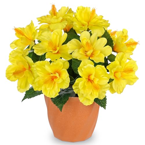 Briful Artificial Hibiscus Flowers in Pot, 14.1" Faux Tropical Flower Plant for Outdoor Porch, Potted Yellow Hibiscus Tabletop Decor for Living Room, Dining Table, Kitchen, Office, Indoor Home Décor - color: 14'' Yellow
