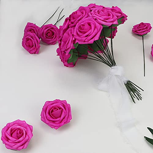 50pcs Artificial Flower，Real Touch Artificial Foam Roses Decoration DIY for Wedding Bridesmaid Bridal Bouquet Centerpieces Party(50, Fushcia) - color: Fushcia