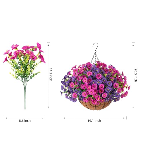 Artificial Fake Hanging Flowers Plants Baskets for Outdoors Spring Summer Decoration, UV Resistant Faux Silk Morning Glory in Planter Realistic for Outside Porch Patio Balcony Garden Yard Home Decor - color: B Purplefuchsia
