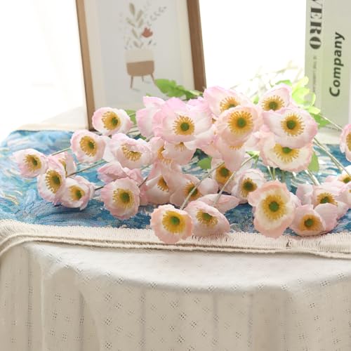10 Pcs Pink Artificial Poppy Flowers with 40 Heads Lifelike Silk Fake Poppies for Vase Faux Poppies with Stem for Spring Wedding Home Table Centerpiece Baby Shower Veterans Day Decor (Pink) - color: Light Pink