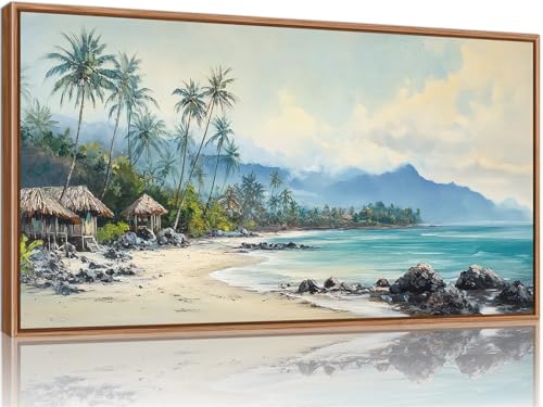 Rantodecor Tropical Coastal Framed Canvas Wall Art, Beach Landscape Posters Wall Decor, Island Palm Trees Beach House Art Paintings, Seascape Mountains Artwork for Bedroom Living Room Office 40"x20" - color: Tropical Coastal, size: 40"L x 20"W