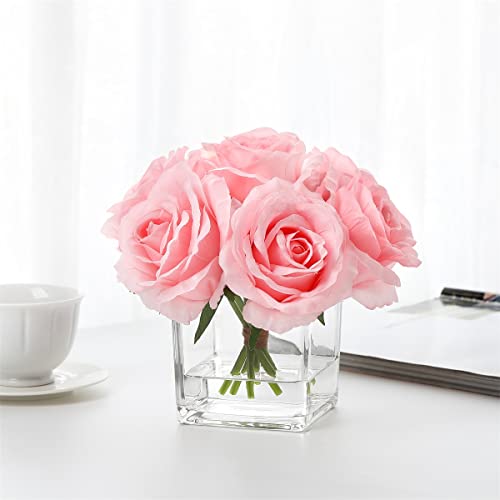 7 Large Stem Pink Rose Artificial Flowers in Vase, Fake Rose with Fake Flowers in Vase for Home Decor, Wedding Table (Pink) - color: Pink