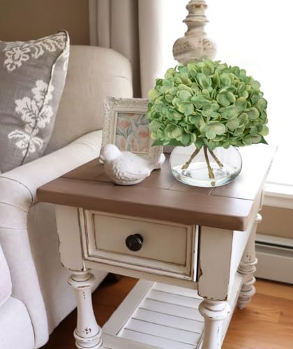 Hollyone Dark Green Hydrangea Artificial Flowers with Glass Vase Silk Faux Flowers Arrangements in Vase with Faux Water Fake Floral Bulk Bouquet for Home Decor Table Centerpiece Decorations - color: Hydrangea, Dark Green