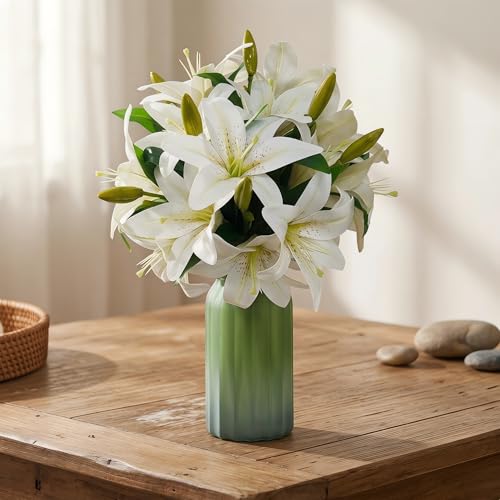 ATFL Artificial Lilies Flowers,9 Pcs Faux Lily Flowers,16''Tiger Lily Branches with 2 Full Blooms and 1 Bud,Faux Fake Lilies Plants for Wedding Bouquet Floral Arrangements (9, Ivory White) - color: Ivory White