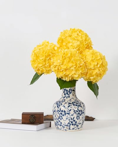 DuHouse 3Pcs Hydrangea Artificial Flowers,Latex Real Touch Hydrangeas with Long Stems & Leaves for Home Decor Party Floral Arrangements Wedding Bouquets Centerpieces(Yellow) - color: Yellow, size: 3pcs