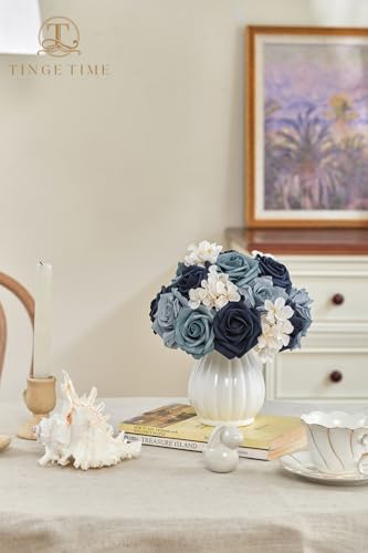 TINGE TIME Navy Blue Artificial Flowers Combo Box Set, Gradient Color Fake Flower Leaf with Stems for DIY Wedding Bouquets Table Centerpieces Baby Shower Home Party Floral Arrangements Decorations - color: Dusty Blue