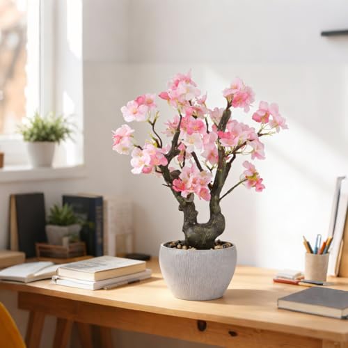 KAIRNE Artificial Pink Cherry Blossom Potted,15.7'' Tall Fake Bonsai Tree,Floral Faux Plant,Realistic Decorative Plants Potted,Flowers Table Decoration Gifts for Holiday Home Office Desk Spring Decor - color: Pink Cherry Blossom