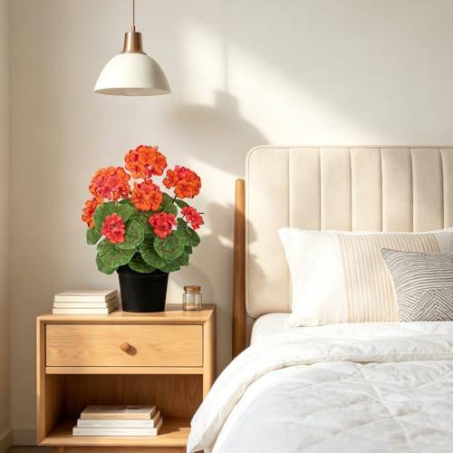 Briful 15.7in Artificial Geranium Plant in Black Pot, Orange Faux Potted Flowers, Real Touch Geraniums for Indoor Outdoor Decor, Table Centerpiece Farmhouse Home, Office, Porch & Living Room Decor - color: Orange#586