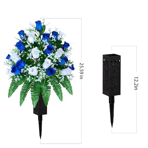 LVXINLI Artificial Cemetery Flowers, Gravesite Decoration Roses, Memorial Bouquets with Cemetery Vase, Vibrant and Long-Lasting Colors (Dark Blue+White, 2 Bundles) - color: Dark Blue+white