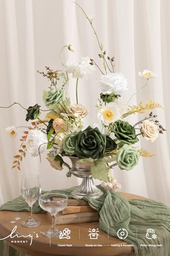 Ling's moment Green Flowers Artificial, Emerald Green & Beige Flowers and Greenery Deluxe Combo Box Set for DIY Wedding Bridal Bouquet, Centerpieces, Home Decor, Floral Arrangement Decor, etc. - color: Grn-emerald & Tawny Beige, size: Deluxe