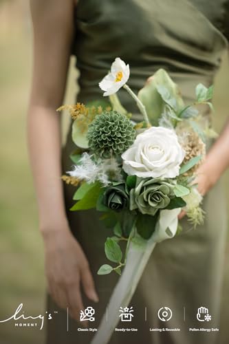 Ling's moment Artificial Flowers Green Bridesmaid Bouquet Set of 6, Emerald Beige Wedding Flowers Bouquets for Bridesmaids, 7 Inch Bridal Bouquets for Bridesmaids, Wedding, Ceremony, etc - color: Grn-emerald & Tawny Beige