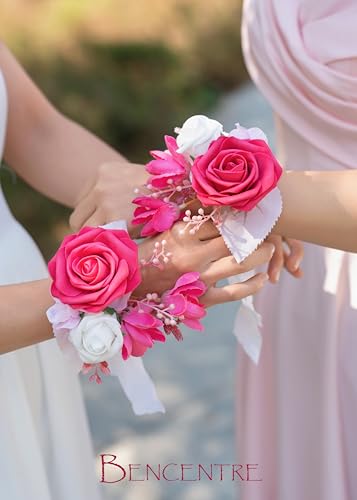 Hot Pink Wrist Corsage for Wedding(Set of 6), Wrist corsages for Prom,Party Prom Hand Flower Decor,Mother of The Bride Corsage,Bridesmaid Wrist Corsage - color: Hot Pink