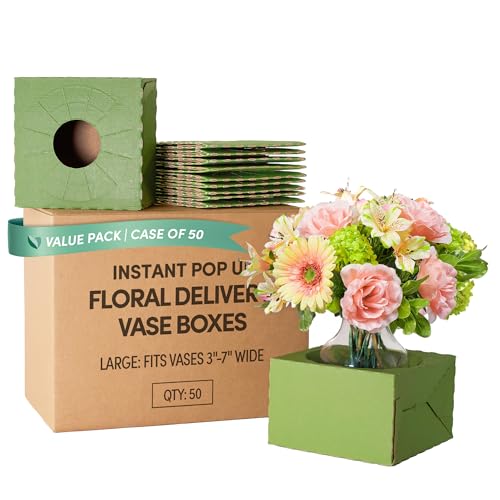 Holiday Designs - Pop-Up Florist Delivery Box, Heavy Duty Corrugated Cardboard Vase Boxes for Secure Floral Arrangements During Transport (Green, Large: Case of 50) - color: Green, size: Large: Case of 50