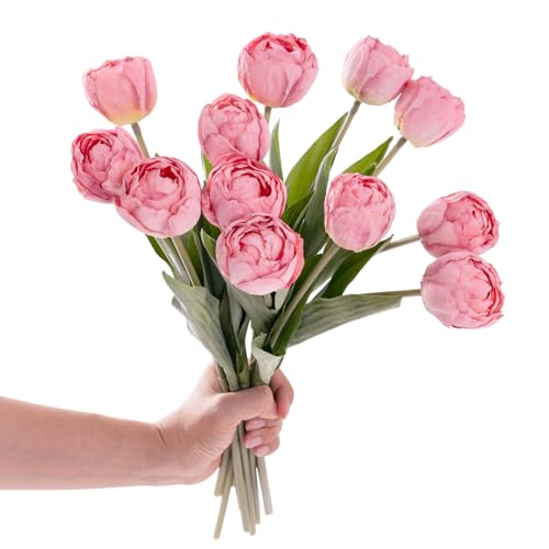 12 Pcs 15 Inch Pink Tulip Artificial Flowers for Home Wedding Decor | Realistic Silk Artificial Tulips, Multilayer Petals, for Home Decor, Wedding Party Floral Arrangements, Table Centerpieces - color: Pink