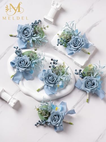 Dusty Blue Rose Boutonniere for Men,Set of 6,Groomsmen Groom Boutonnieres for Wedding Corsage Ceremony Anniversary, Formal Dinner Party, Fall Vintage Rustic Marriage Prom Flower - color: 6pcs Blue Boutonnieres