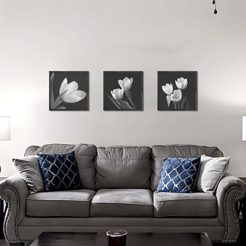 Hardy Gallery Floral Wall Decor Artwork - Black and White Tulip Canvas Set for Living Room Bedroom 16"x16"x3panels - color: Black and white picture, size: 16'' x 16'' x 3 Panels