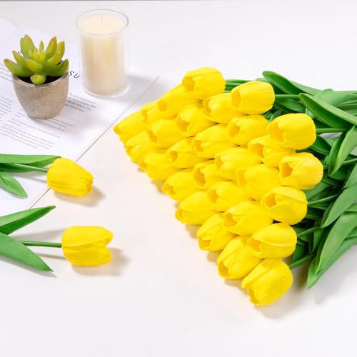 U'Artlines 30Pcs Fake Tulips Artificial Flowers with Stems Faux Tulips Bouquet Real Touch Flower for Wedding Home Kitchen Spring Easter Mother's Day Floral Arrangement Decor (Yellow) - color: Yellow