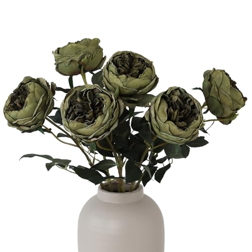 mizii 6Pcs Burnt Green Artificial Roses Flowers Fake Silk Roses Flower with Long Stem for Wedding Decorations Table Centerpieces Flower Arrangement Home Decor (Burnt Green) - color: Burnt Green