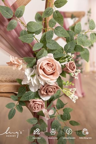 Ling's moment 8 Wedding Chair Decorations Aisle Pew Church Artificial Flower Greenery Swag Dusty Rose Pink Cream Bench Ceremony Reception Floral Faux Backdrop Rose Arrangements Party Outdoor Sashes - color: Dusty Rose