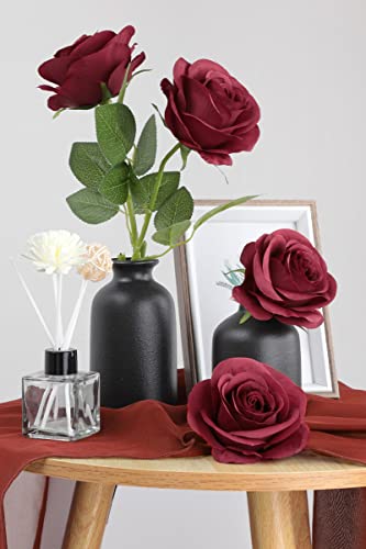 JUSMAI 50pcs Roses Artificial Flowers Fake Flowers with Long Stems Burgundy Silk Flowers for Wedding Bouquet Centerpices Decorations Party Bridal Baby Shower Home Decor - color: Burgundy, size: 50PCS