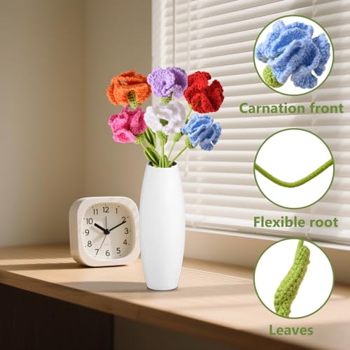 6Pcs Handmade Carnation Crochet Flower Bouquet, Completed Carnations Artificial Flower, Carnation Flower Wedding Bouquet (6 Colors) - color: 6 Colors
