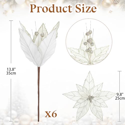 Briful 6 Pack White Glitter Christmas Poinsettia Picks, 13.8'' Artificial Floral Stems with Gold Edges & Sparkle Beads, 9.8'' Blossom Holiday Flower Picks for Tree, Wreath, Table Centerpiece Decor - color: White#351, size: 12'' POINSETTIA / 6PCS