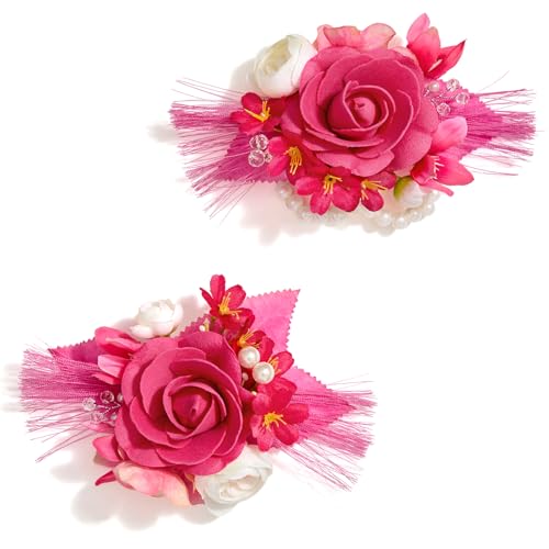 Serwalin 2 Pcs Wrist Corsage and Boutonniere Set, 6-7 Inch Hot Pink Corsage for Wedding, Boutonniere for Men Corsage Wristlet Prom Ceremony Anniversary Accessories Suit - color: Hot Pink, size: 1 Boutonniere & 1 Wrist Corsage-2pcs