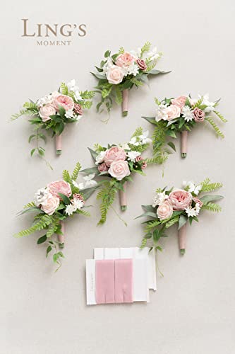 Ling's moment Artificial Bridesmaid Bouquets Set of 6,Dusty Rose Wedding Flower Bouquets Pink Floral Bouquet Bridal Bouquets with Ribbon,Ceremony,Anniversary,7-inch Diameter - color: Pk-dusty Rose & Cream
