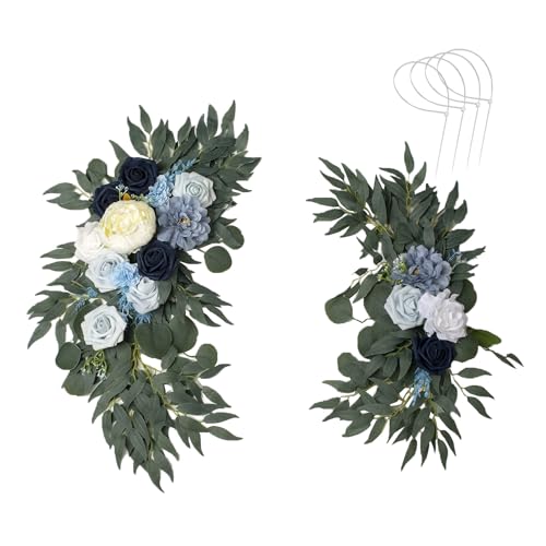 AitnWoy Artificial Wedding Arch Flowers Kit 2 PCS Dust Rose Flowers Silk Peony Floral Swag Welcome Sign for Wedding Ceremony Party Home Garland Decor - color: Blue, size: 2.4*13*14