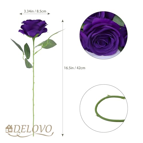 52pcs Purple Roses Artificial Flowers Fake Flowers Silk Roses with Stems for DIY Wedding Bouquets Bridal Shower Centerpieces Arrangements Party Decorations - color: Purple
