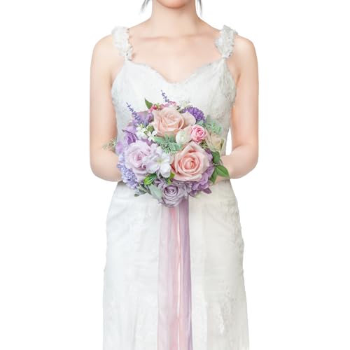 TINGE TIME Artificial 9 Inch Bridal Bouquet,Pink&Violet Flower Bouquet with Roses for Bride, Bridal Tossing Bouquet for Wedding Ceremony Anniversary Bridal Showers Wedding Church Decoration - color: Pink & Violet