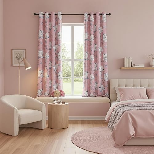 MYSKY HOME 95% Floral Blackout Curtains 63 Inch Length for Girls Bedroom Nursery 2 Panels Set Black Out Thermal Insulated Privacy Protect White Flower Patterned Grommet Drapes, 52" Wide, Pink - color: Pink, size: 52"W x 63"L (Pack of 2)