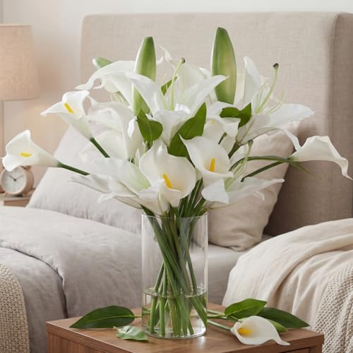 15.74 Inch Artificial Calla Lily Lily Flowers White Fake Flowers Green Bud with Faux Water Realistic Touch for Dining Room Centerpiece Table Wedding Bridal Shower Spring Decor
