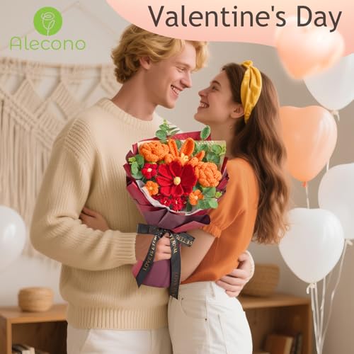 Alecono Crochet Flower Bouquet, Orange and Burgundy Knitted Flowers, Red Crochet Tulip Galsang Flower for Lover Anniversary Birthday Party Mother's Day Graduation Gifts (Include Card) - color: Orange, Burgundy, size: Large